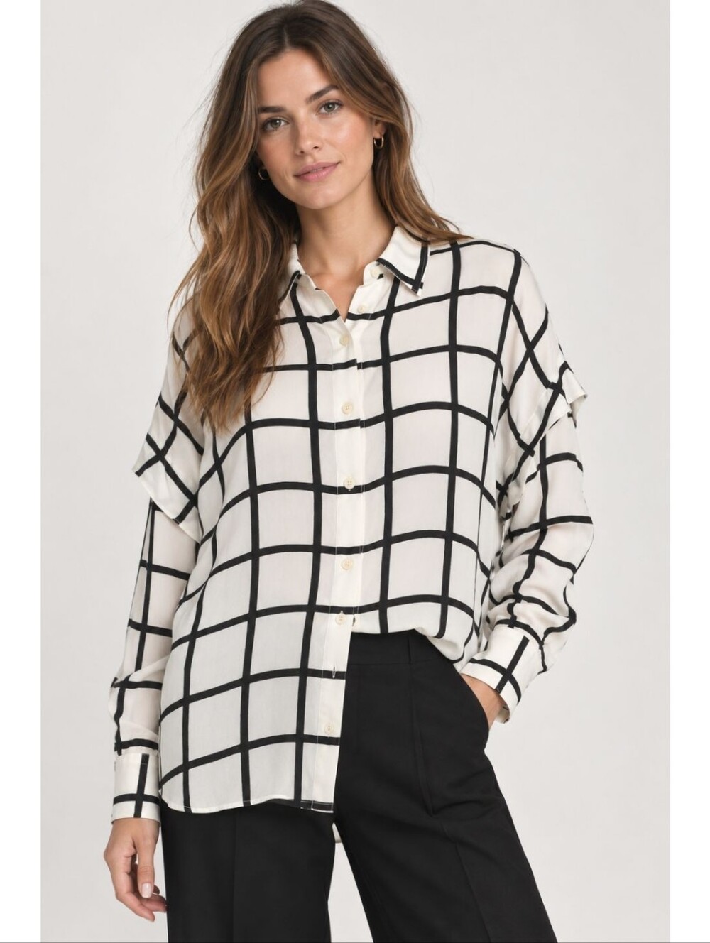 Diane Von Furstenberg Silk Oversized Button Down Shirt Top White Black Grid